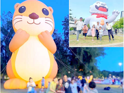 金門觀光小天使「阿特」、「風獅爺」等可愛巨型氣偶將首度在新北歡樂耶誕城展出。（觀光處提供）