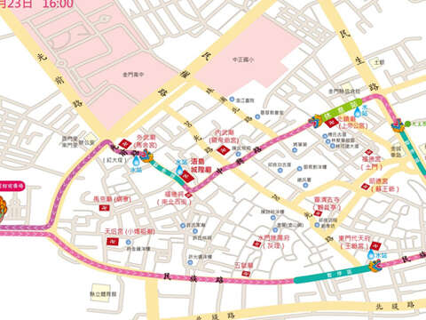 金城鎮公所將於5月23日下午舉辦「2026親子蜈蚣座嘉年華」，圖為活動行進路線圖。（金城鎮公所提供）